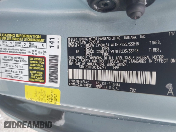 2017 Toyota Sienna LE with VIN 5TDJZ3DC5HS158746, listed as a IAAI auction lot 41343900 with 79,019 mi miles. Bid and sale history available at carsss.com. Image 9.
