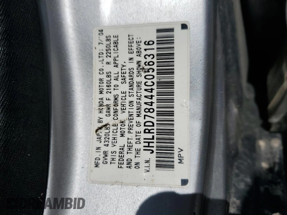 2004 Honda CR-V LX with VIN JHLRD78444C056316, listed as a Copart auction lot 54150875 with 196,940 mi miles and Salvage Title. Bid and sale history available at carsss.com. Image 14.