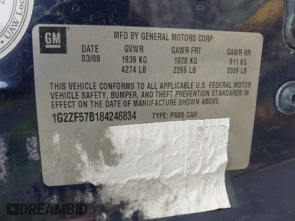 2008 Pontiac G6 1SV Value Leader with VIN 1G2ZF57B184246834, listed as a IAAI auction lot 42614255 with 126,251 mi miles and . Bid and sale history available at DreamBid. Image 9.