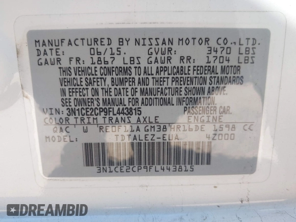 2015 Nissan Note SV with VIN 3N1CE2CP9FL443815, listed as a IAAI auction lot 41654870 with 84,449 mi miles and . Bid and sale history available at DreamBid. Image 9.