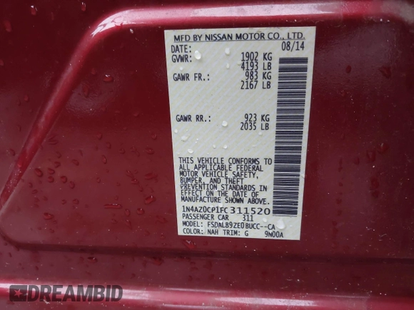 2015 Nissan LEAF S with VIN 1N4AZ0CP1FC311520, listed as a IAAI auction lot 41571630 with 58,800 mi miles. Bid and sale history available at carsss.com. Image 9.