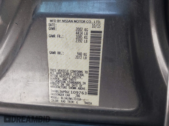 2016 Nissan Altima SR with VIN 1N4BL3AP9GC109763, listed as a IAAI auction lot 41851439 with 153,379 mi miles and . Bid and sale history available at carsss.com. Image 9.