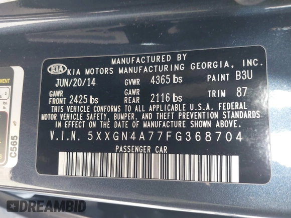 2015 Kia Optima EX with VIN 5XXGN4A77FG368704, listed as a IAAI auction lot 42174674 with 128,963 mi miles. Bid and sale history available at carsss.com. Image 9.