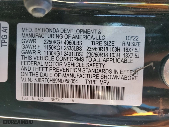 2022 Honda CR-V Hybrid EX-L with VIN 5J6RT6H89NL058054, listed as a Copart auction lot 46298215 with 65,409 mi miles and Salvage Title. Bid and sale history available at carsss.com. Image 14.