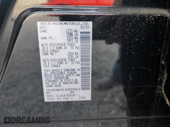 2014 Nissan Pathfinder S with VIN 5N1AR2MN7EC699463, listed as a Copart auction lot 49678055 with 120,662 mi miles and Clean Title. Bid and sale history available at carsss.com. Image 13.
