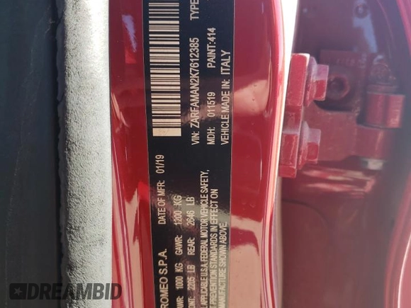 2019 Alfa Romeo Giulia Sport with VIN ZARFAMAN2K7612385, listed as a Copart auction lot 81651414 with 28,954 mi miles and Salvage Title. Bid and sale history available at carsss.com. Image 12.