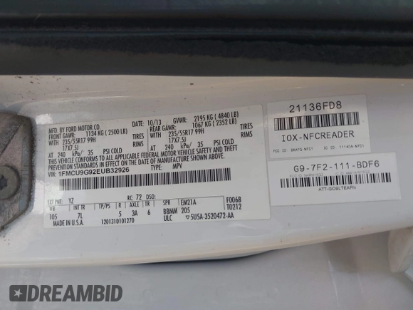 2014 Ford Escape SE with VIN 1FMCU9G92EUB32926, listed as a IAAI auction lot 42273922 with 172,193 mi miles and . Bid and sale history available at DreamBid. Image 9.