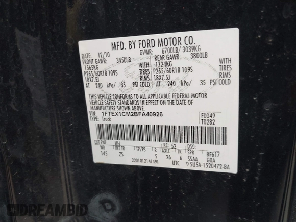 2011 Ford F-150 XL with VIN 1FTEX1CM2BFA40926, listed as a IAAI auction lot 42466581 with 203,388 mi miles and . Bid and sale history available at DreamBid. Image 9.