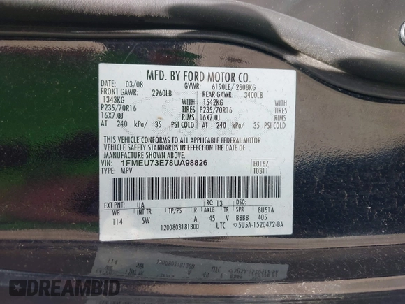 2008 Ford Explorer XLT with VIN 1FMEU73E78UA98826, listed as a IAAI auction lot 42018745 with 154,823 mi miles. Bid and sale history available at carsss.com. Image 9.