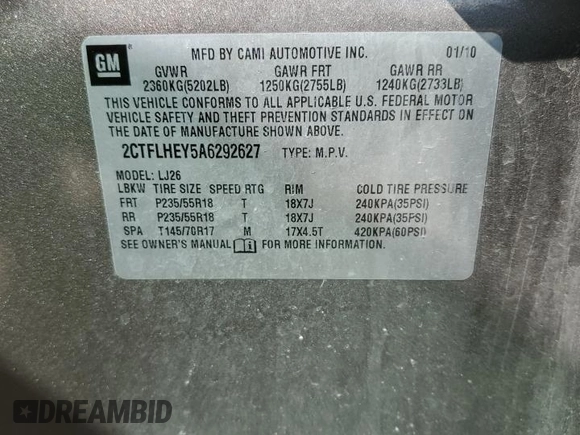 2010 GMC Terrain SLT-2 with VIN 2CTFLHEY5A6292627, listed as a Copart auction lot 46116414 with 179,070 mi miles and Salvage Title. Bid and sale history available at carsss.com. Image 12.