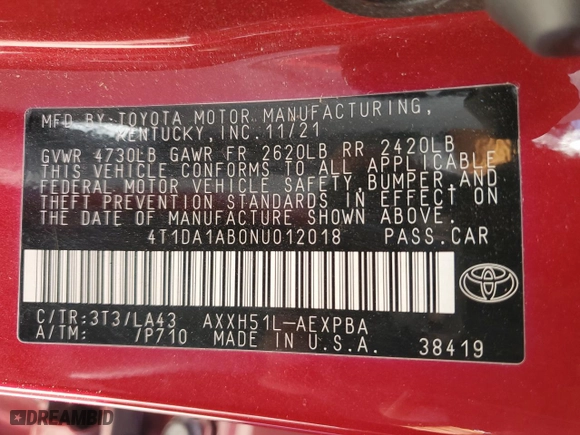 2022 Toyota Avalon Hybrid Limited with VIN 4T1DA1AB0NU012018, listed as a Copart auction lot 81626184 with 0 mi miles and Salvage Title. Bid and sale history available at carsss.com. Image 12.