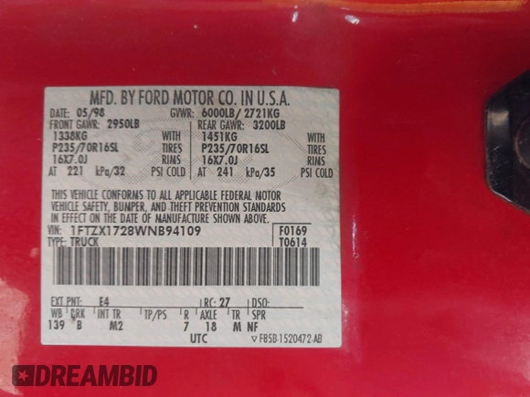 1998 Ford F-150 с VIN 1FTZX1728WNB94109, выставлен на аукционе IAAI как лот 42257440 с пробегом 189 181 миль миль и . История ставок и продаж доступна на DreamBid. Изображение 9.
