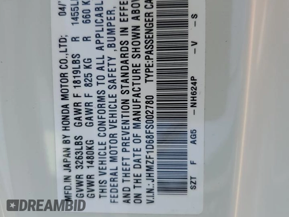 2015 Honda CR-Z EX with VIN JHMZF1D68FS002780, listed as a Copart auction lot 65798635 with 62,446 mi miles and Clean title. Bid and sale history available at DreamBid. Image 12.