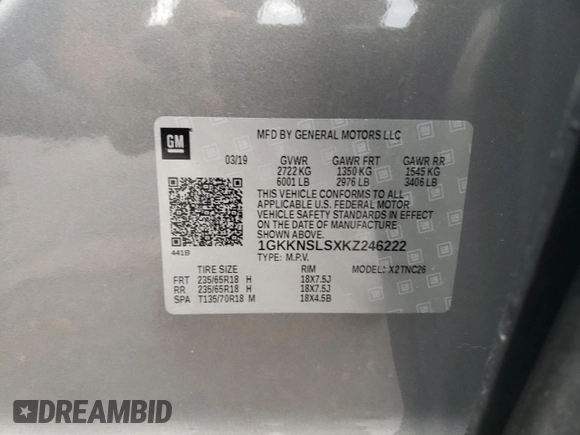 2019 GMC Acadia SLE with VIN 1GKKNSLSXKZ246222, listed as a Copart auction lot 59442404 with 57,487 mi miles and Salvage Title. Bid and sale history available at DreamBid. Image 14.