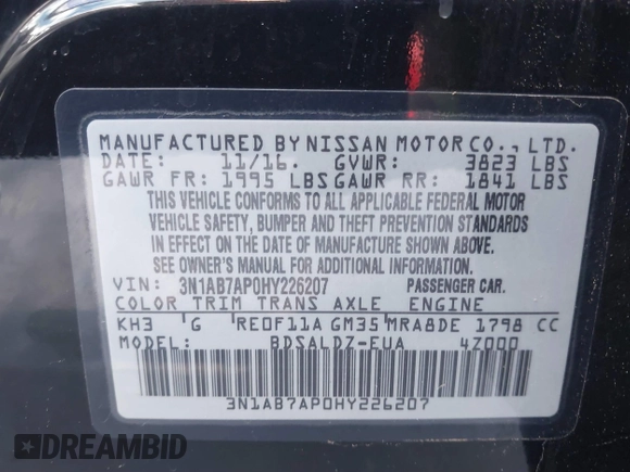 2017 Nissan Sentra S with VIN 3N1AB7AP0HY226207, listed as a IAAI auction lot 41748732 with 105,455 mi miles. Bid and sale history available at carsss.com. Image 9.