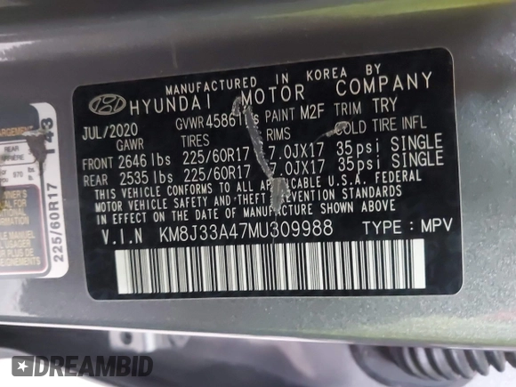 2021 Hyundai Tucson Value z VIN KM8J33A47MU309988, wystawiony jako IAAI lot #41749644 z przebiegiem 61 197 mil mil oraz . Historia ofert i sprzedaży dostępna na DreamBid. Obrazek 9.