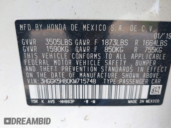 2019 Honda Fit EX with VIN 3HGGK5H80KM715748, listed as a IAAI auction lot 42033296 with 81,218 mi miles and . Bid and sale history available at DreamBid. Image 9.