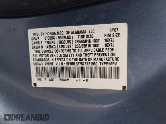 2007 Honda Odyssey EX-L z VIN 5FNRL38757B121989, wystawiony jako IAAI lot #42323131 z przebiegiem 174 906 mil mil oraz . Historia ofert i sprzedaży dostępna na DreamBid. Obrazek 9.