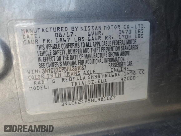 2017 Nissan Note S Plus with VIN 3N1CE2CP5HL381087, listed as a Copart auction lot 56511705 with 67,525 mi miles and Salvage title. Bid and sale history available at DreamBid. Image 13.