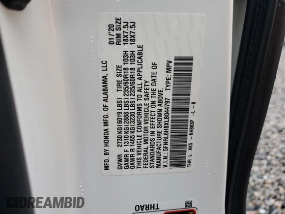 2020 Honda Odyssey Touring with VIN 5FNRL6H8XLB044797, listed as a Copart auction lot 73925874 with Not Provided miles and Non Repairable. Bid and sale history available at DreamBid. Image 13.