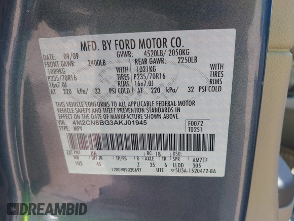 2010 Mercury Mariner с VIN 4M2CN8BG3AKJ01945, выставлен на аукционе IAAI как лот 42025848 с пробегом 124 617 миль миль и . История ставок и продаж доступна на DreamBid. Изображение 9.