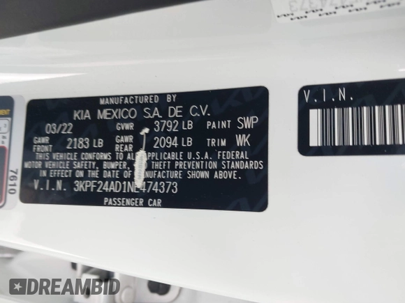2022 Kia Forte LXS with VIN 3KPF24AD1NE474373, listed as a IAAI auction lot 41138637 with 40,651 mi miles and . Bid and sale history available at DreamBid. Image 9.