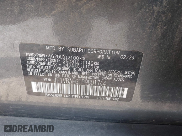 2023 Subaru WRX Premium с VIN JF1VBAF61P9801744, выставлен на аукционе IAAI как лот 42603973 с пробегом 47 995 миль миль и . История ставок и продаж доступна на DreamBid. Изображение 9.