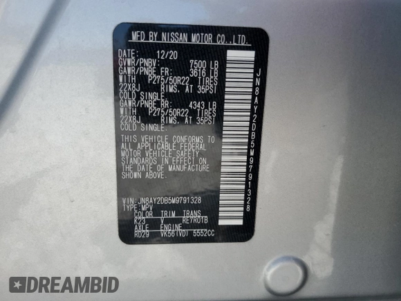 2021 Nissan Armada Platinum with VIN JN8AY2DB5M9791328, listed as a Copart auction lot 61401934 with 30,117 mi miles and Salvage Title. Bid and sale history available at carsss.com. Image 13.