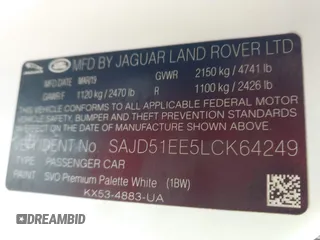 2020 Jaguar F-Type with VIN SAJD51EE5LCK64249, listed as a IAAI auction lot 41238891 with 44,252 mi miles and . Bid and sale history available at DreamBid. Image 9.