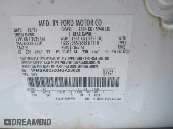 2022 Ford Explorer XLT с VIN 1FMSK8DHXNGA26620, выставлен на аукционе IAAI как лот 42335724 с пробегом 86 865 миль миль и . История ставок и продаж доступна на DreamBid. Изображение 9.