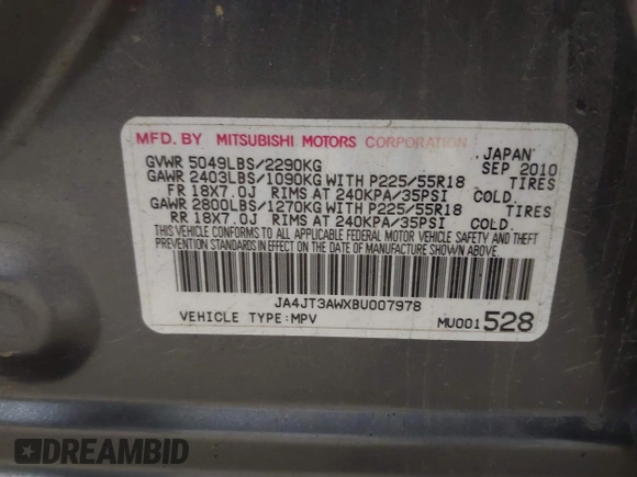 2011 Mitsubishi Outlander SE z VIN JA4JT3AWXBU007978, wystawiony jako IAAI lot #42337365 z przebiegiem 239 587 mil mil oraz . Historia ofert i sprzedaży dostępna na DreamBid. Obrazek 9.