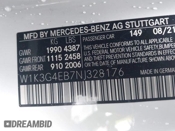 2022 Mercedes-Benz A 220 with VIN W1K3G4EB7NJ328176, listed as a IAAI auction lot 41891527 with 24,603 mi miles and . Bid and sale history available at DreamBid. Image 9.