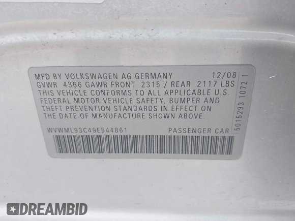 2009 Volkswagen CC with VIN WVWML93C49E544861, listed as a IAAI auction lot 42157664 with 235,826 mi miles and . Bid and sale history available at DreamBid. Image 9.