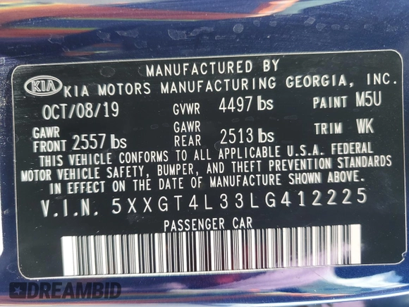 2020 Kia Optima LX z VIN 5XXGT4L33LG412225, wystawiony jako Copart lot #55460765 z przebiegiem 61 029 mil mil oraz Szkoda całkowita • Salvage title. Historia ofert i sprzedaży dostępna na DreamBid. Obrazek 12.