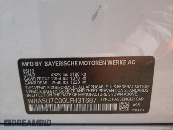 2020 BMW 3 Series M340i with VIN WBA5U7C00LFH31687, listed as a Copart auction lot 59949522 with Not Provided miles. Bid and sale history available at carsss.com. Image 10.