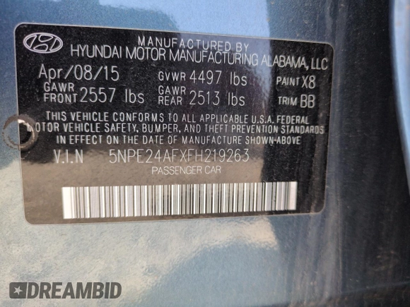 2015 Hyundai Sonata SE z VIN 5NPE24AFXFH219263, wystawiony jako Copart lot #59393765 z przebiegiem 67 556 mil mil oraz Szkoda całkowita • Salvage title. Historia ofert i sprzedaży dostępna na DreamBid. Obrazek 12.