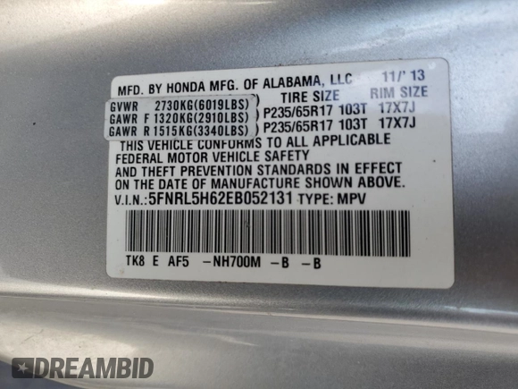 2014 Honda Odyssey EX-L with VIN 5FNRL5H62EB052131, listed as a Copart auction lot 49356065 with 138,551 mi miles and Salvage Title. Bid and sale history available at DreamBid. Image 13.