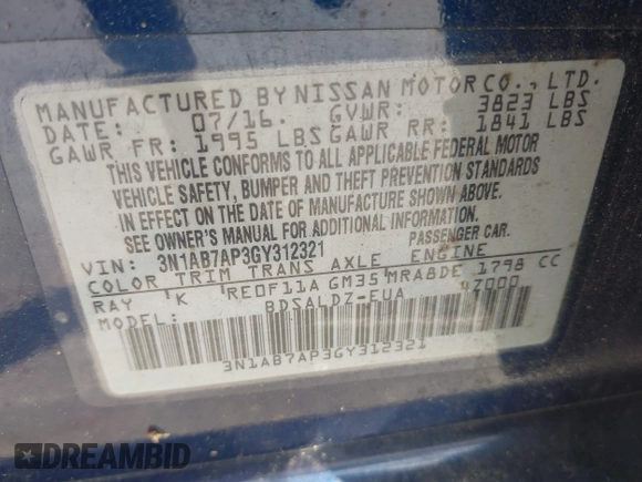 2016 Nissan Sentra SV with VIN 3N1AB7AP3GY312321, listed as a IAAI auction lot 42173525 with 79,290 mi miles and . Bid and sale history available at DreamBid. Image 9.