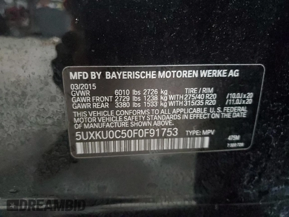 2015 BMW X6 sDrive35i with VIN 5UXKU0C50F0F91753, listed as a Copart auction lot 66999252 with 72,060 mi miles. Bid and sale history available at carsss.com. Image 10.