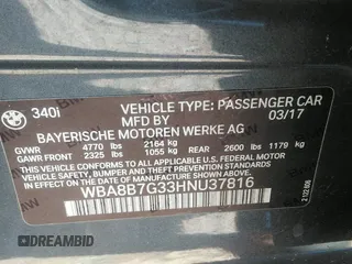 2017 BMW 3 Series 340i xDrive with VIN WBA8B7G33HNU37816, listed as a IAAI auction lot 42735008 with 95,610 mi miles and . Bid and sale history available at DreamBid. Image 9.