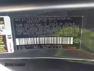 2025 Toyota Camry LE with VIN 4T1DAACK5SU008796, listed as a IAAI auction lot 41978714 with 20,225 mi miles and . Bid and sale history available at DreamBid. Image 9.