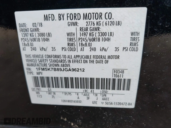 2018 Ford Explorer z VIN 1FM5K7B89JGA96212, wystawiony jako IAAI lot #41849563 z przebiegiem 122 969 mil mil oraz . Historia ofert i sprzedaży dostępna na DreamBid. Obrazek 9.