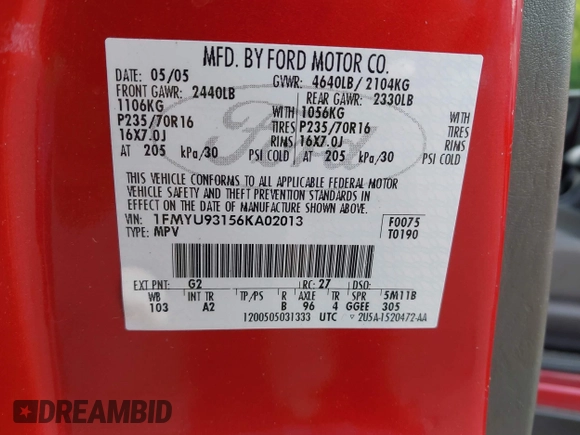 2006 Ford Escape XLT with VIN 1FMYU93156KA02013, listed as a IAAI auction lot 42205647 with 182,974 mi miles and . Bid and sale history available at DreamBid. Image 9.