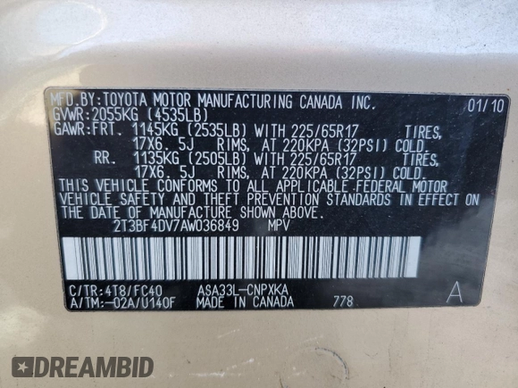 2010 Toyota RAV4 with VIN 2T3BF4DV7AW036849, listed as a Copart auction lot 47305355 with 214,363 mi miles and Clean Title. Bid and sale history available at carsss.com. Image 13.