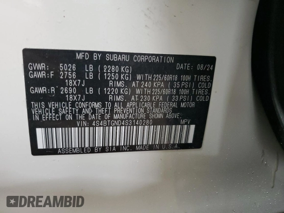 2025 Subaru Outback Limited XT with VIN 4S4BTGND4S3140280, listed as a Copart auction lot 42096745 with 3,334 mi miles and Non Repairable. Bid and sale history available at carsss.com. Image 15.