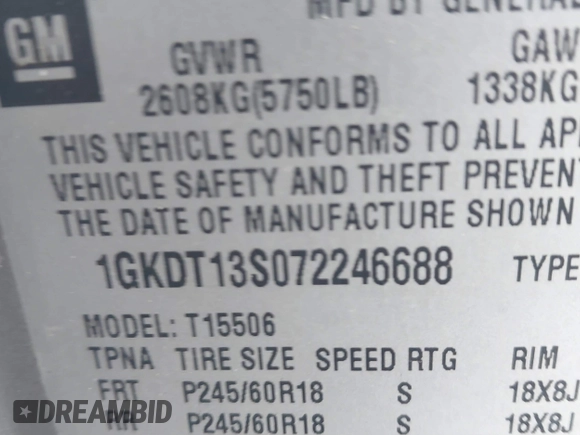 2007 GMC Envoy SLE with VIN 1GKDT13S072246688, listed as a IAAI auction lot 41258265 with 218,001 mi miles. Bid and sale history available at carsss.com. Image 9.