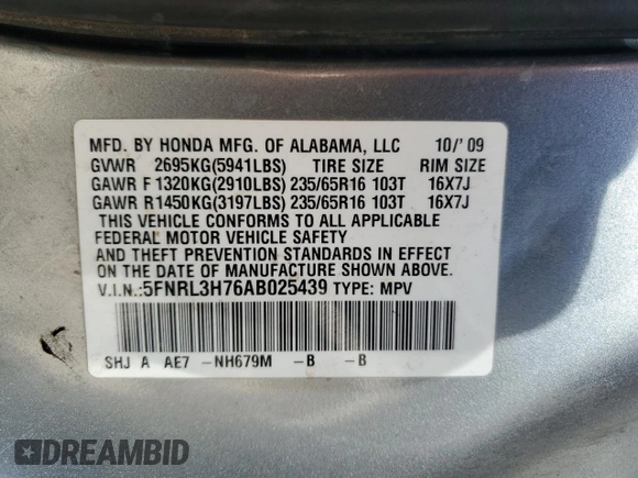 2010 Honda Odyssey EX-L with VIN 5FNRL3H76AB025439, listed as a Copart auction lot 50602055 with 145,543 mi miles and Salvage Title. Bid and sale history available at DreamBid. Image 13.