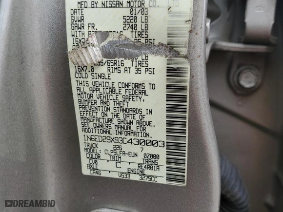 2003 Nissan Frontier 2WD SE with VIN 1N6ED29X93C430003, listed as a Copart auction lot 44352415 with 0 mi miles and Salvage Title. Bid and sale history available at carsss.com. Image 14.