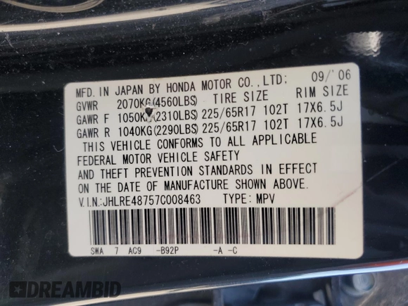 2007 Honda CR-V EX-L with VIN JHLRE48757C008463, listed as a Copart auction lot 53600195 with 128,197 mi miles and Salvage Title. Bid and sale history available at carsss.com. Image 15.