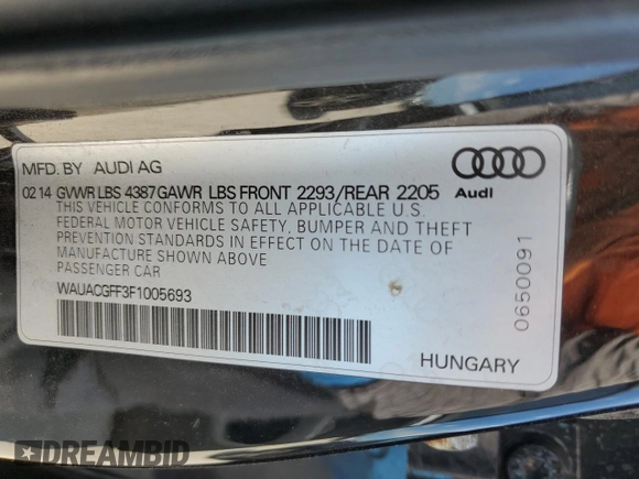 2015 Audi A3 1.8T Premium with VIN WAUACGFF3F1005693, listed as a Copart auction lot 53287873 with 129,942 mi miles. Bid and sale history available at carsss.com. Image 12.